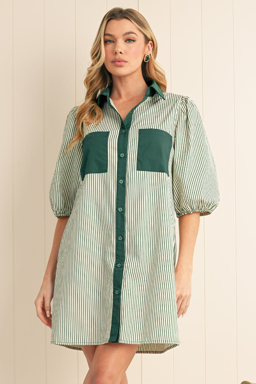 Green Patch Pockets Button Down Short Puff Sleeve Dress - MAD RUFFI