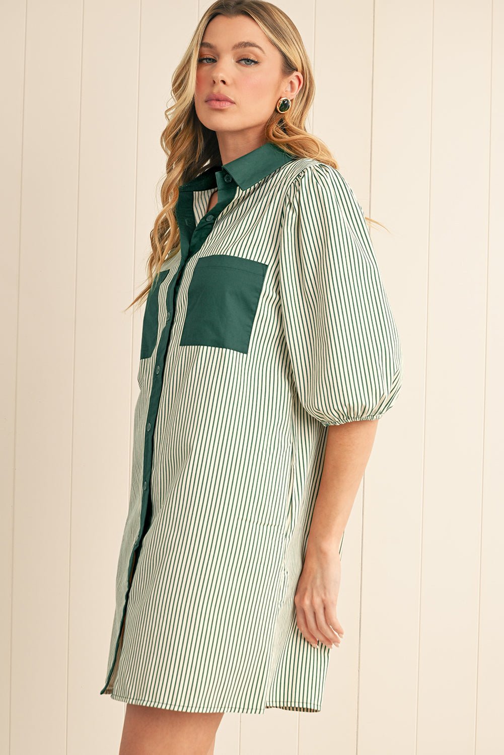 Green Patch Pockets Button Down Short Puff Sleeve Dress - MAD RUFFI