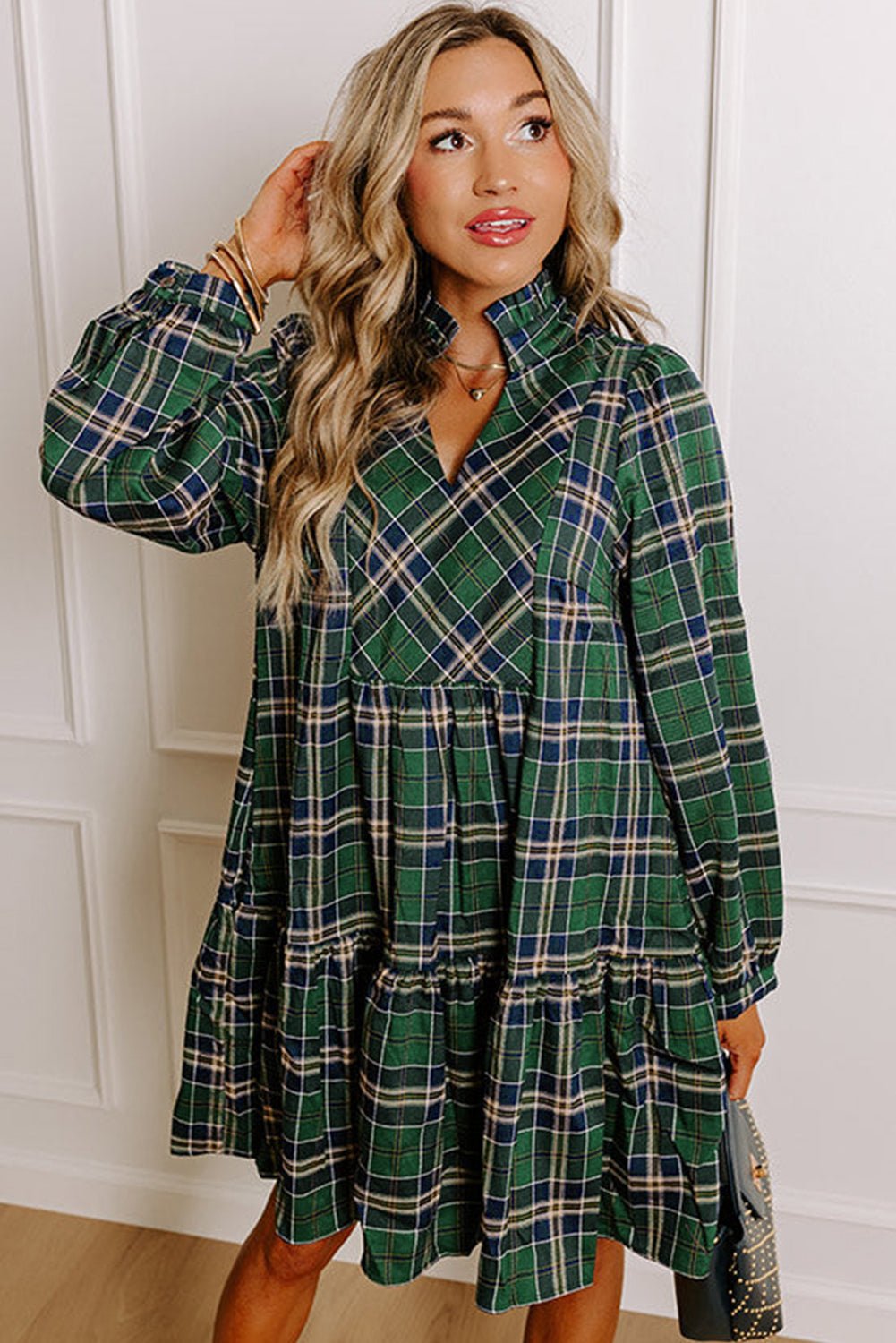 Green Plaid Print Frill Neck Long Sleeve Mini Dress - MAD RUFFI