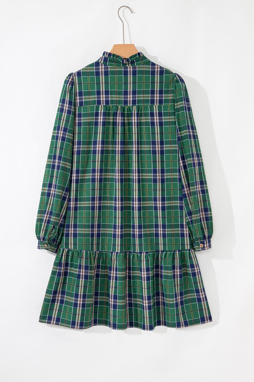 Green Plaid Print Frill Neck Long Sleeve Mini Dress - MAD RUFFI