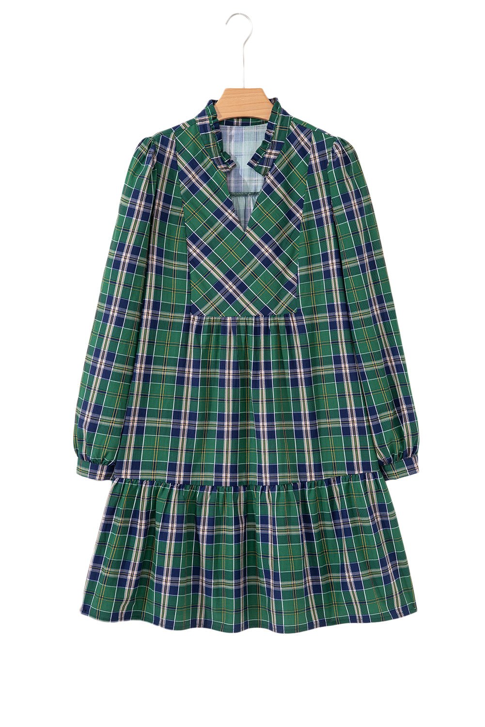 Green Plaid Print Frill Neck Long Sleeve Mini Dress - MAD RUFFI