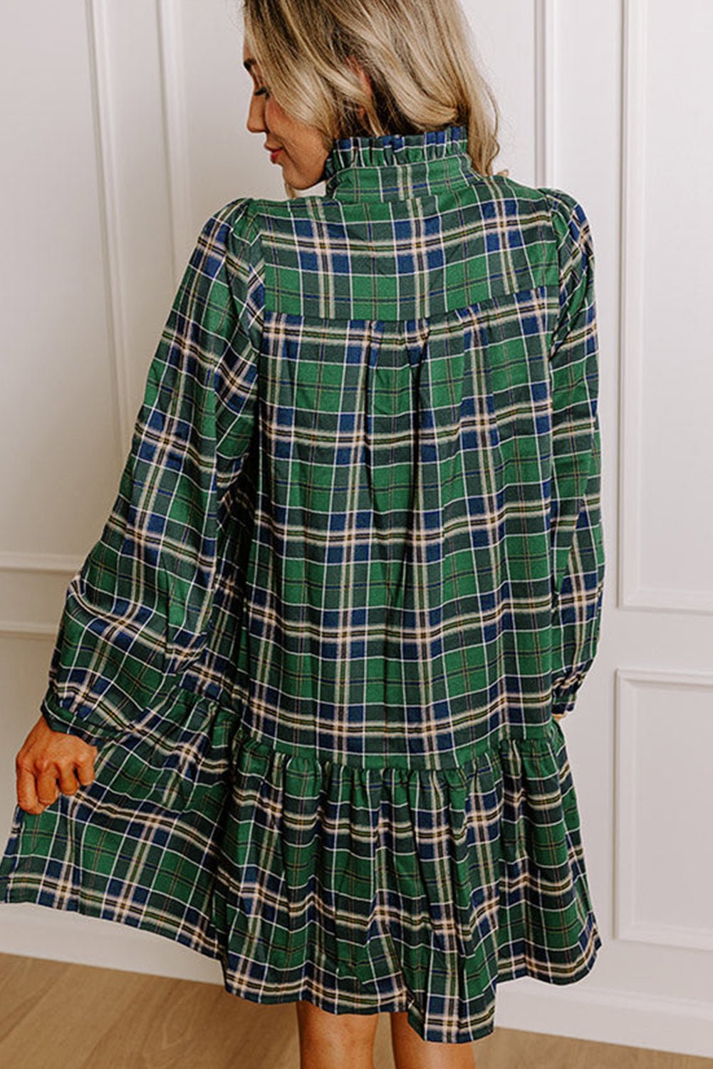 Green Plaid Print Frill Neck Long Sleeve Mini Dress - MAD RUFFI