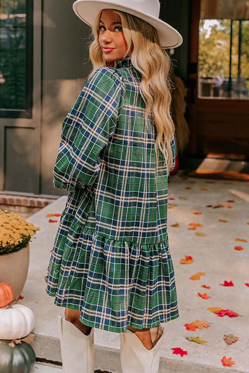Green Plaid Print Frill Neck Long Sleeve Mini Dress - MAD RUFFI