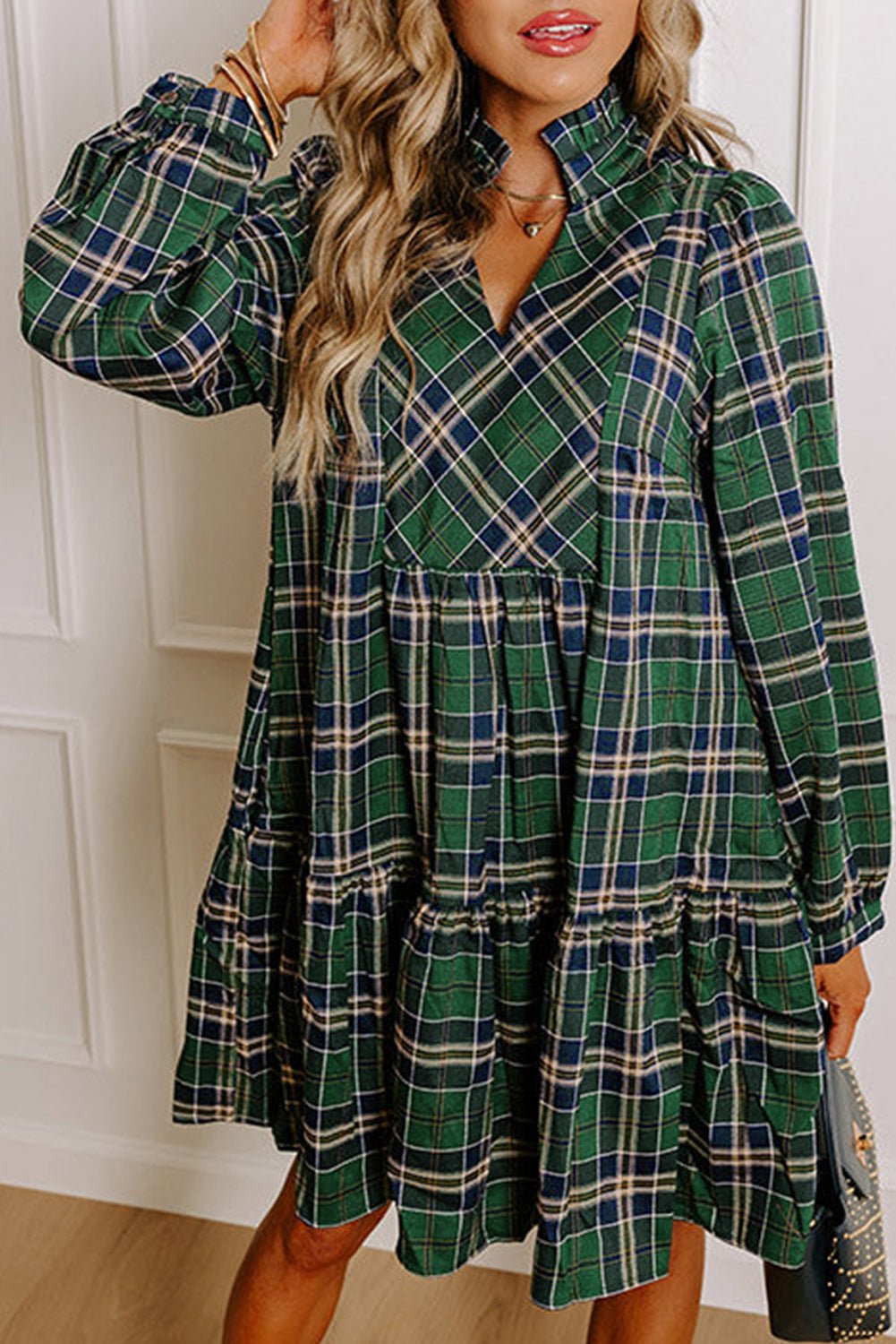 Green Plaid Print Frill Neck Long Sleeve Mini Dress - MAD RUFFI