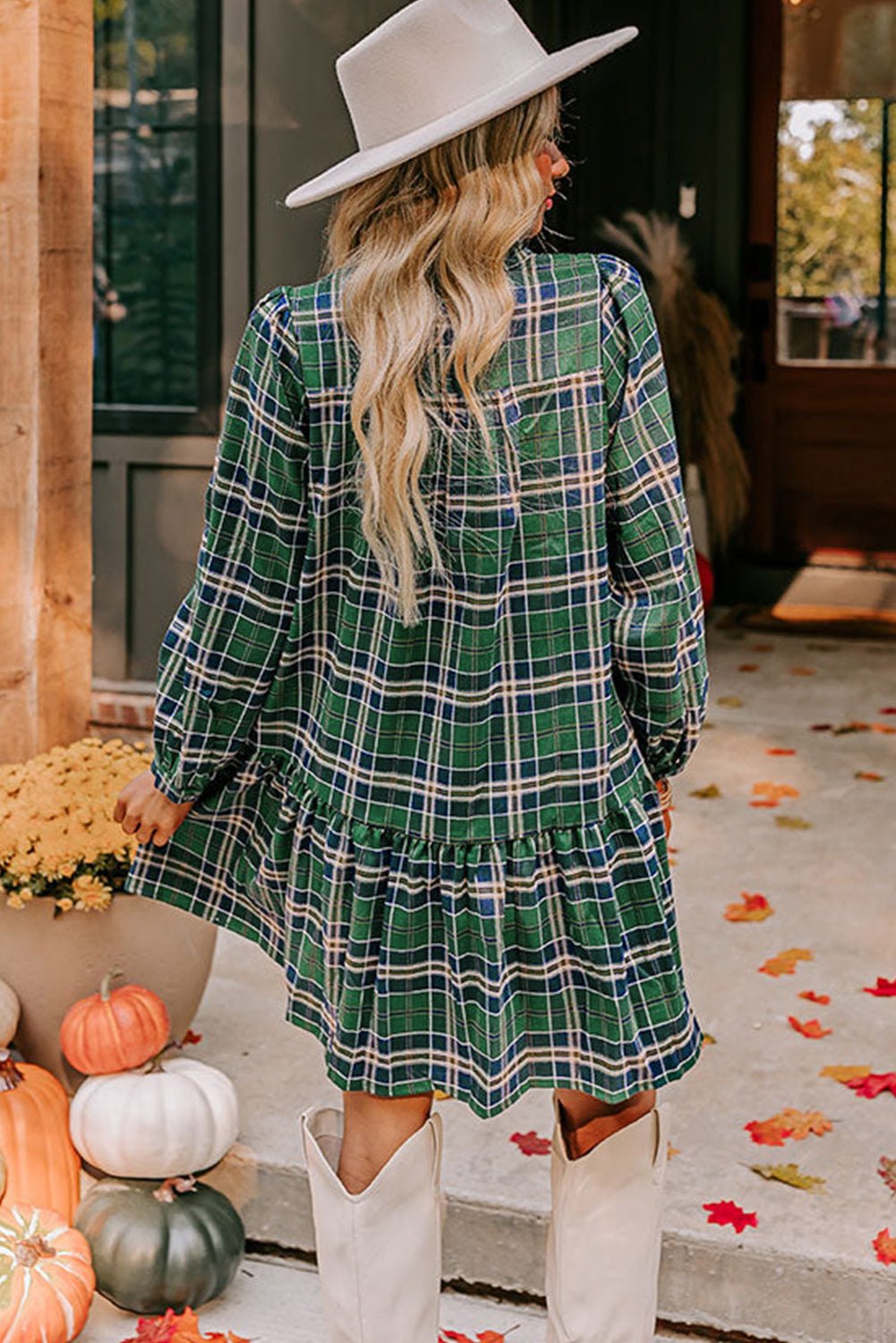 Green Plaid Print Frill Neck Long Sleeve Mini Dress - MAD RUFFI
