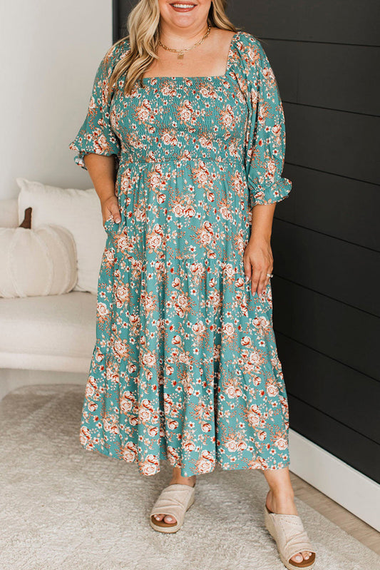 Green Plus Size Floral Print Smocked Tiered Maxi Dress - MAD RUFFI