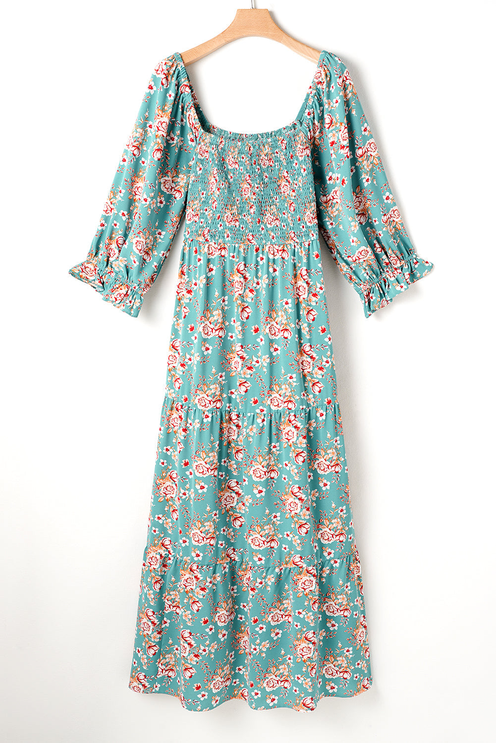 Green Plus Size Floral Print Smocked Tiered Maxi Dress - MAD RUFFI