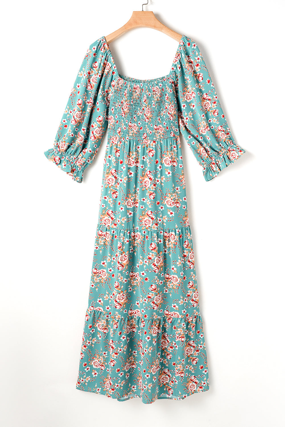 Green Plus Size Floral Print Smocked Tiered Maxi Dress - MAD RUFFI