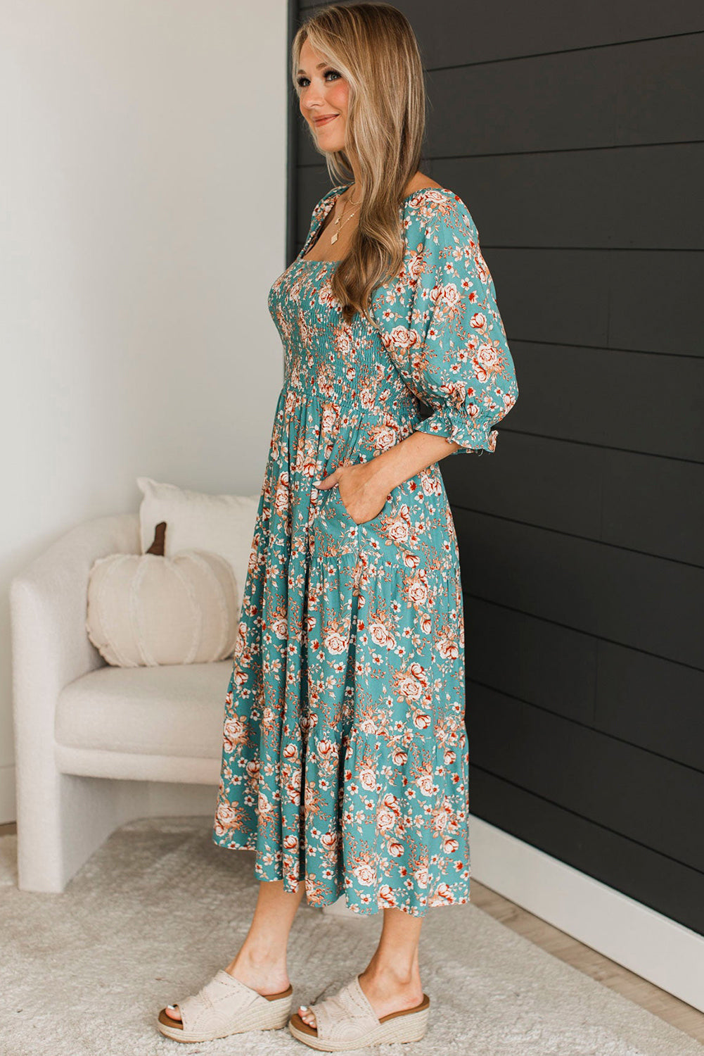 Green Plus Size Floral Print Smocked Tiered Maxi Dress - MAD RUFFI