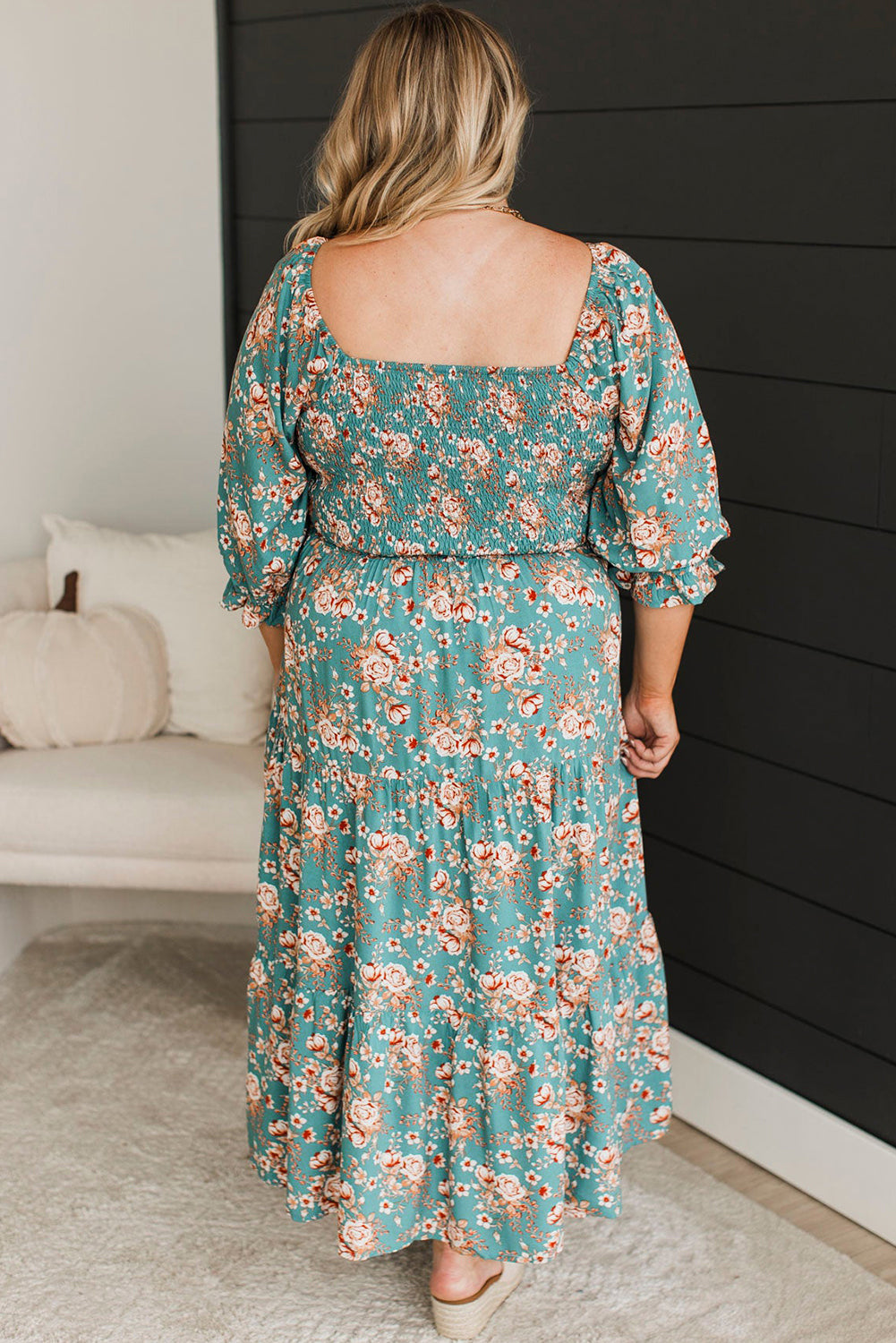 Green Plus Size Floral Print Smocked Tiered Maxi Dress - MAD RUFFI