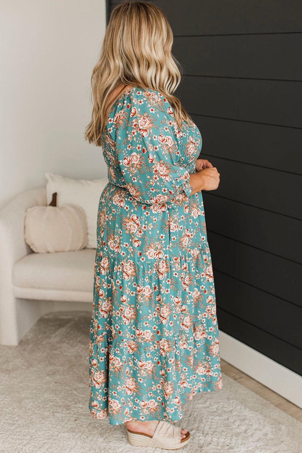 Green Plus Size Floral Print Smocked Tiered Maxi Dress - MAD RUFFI