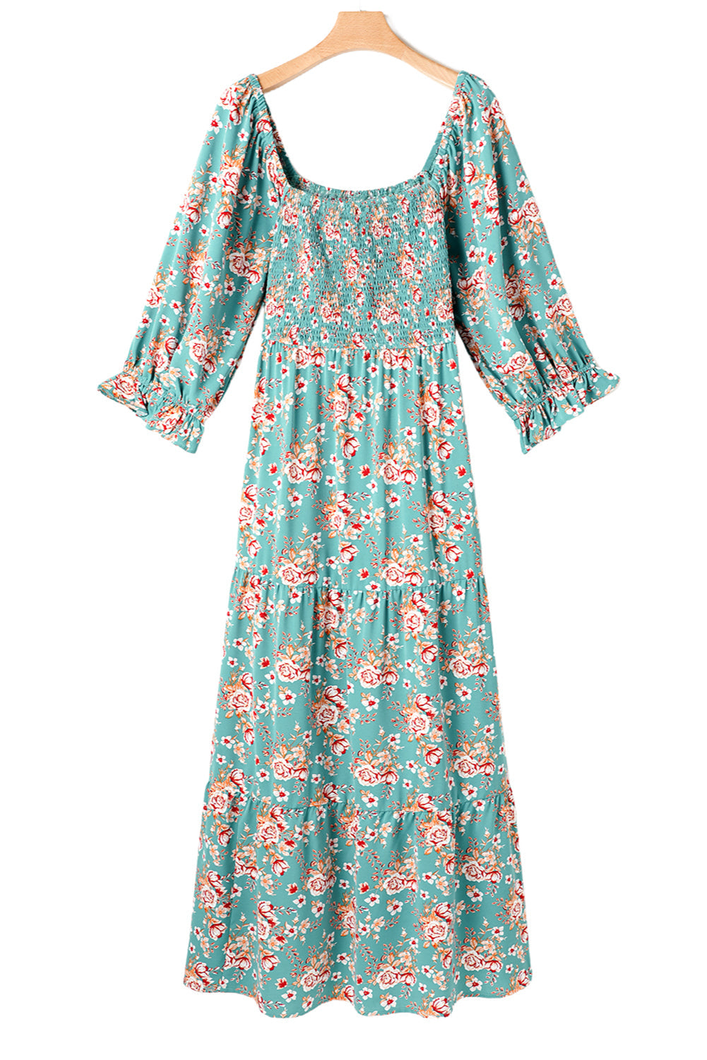 Green Plus Size Floral Print Smocked Tiered Maxi Dress - MAD RUFFI