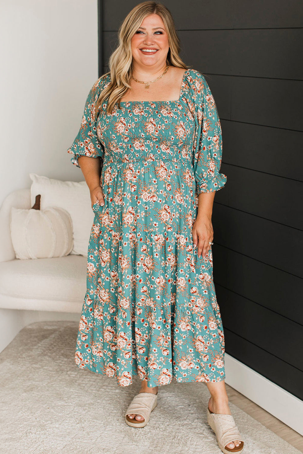 Green Plus Size Floral Print Smocked Tiered Maxi Dress - MAD RUFFI