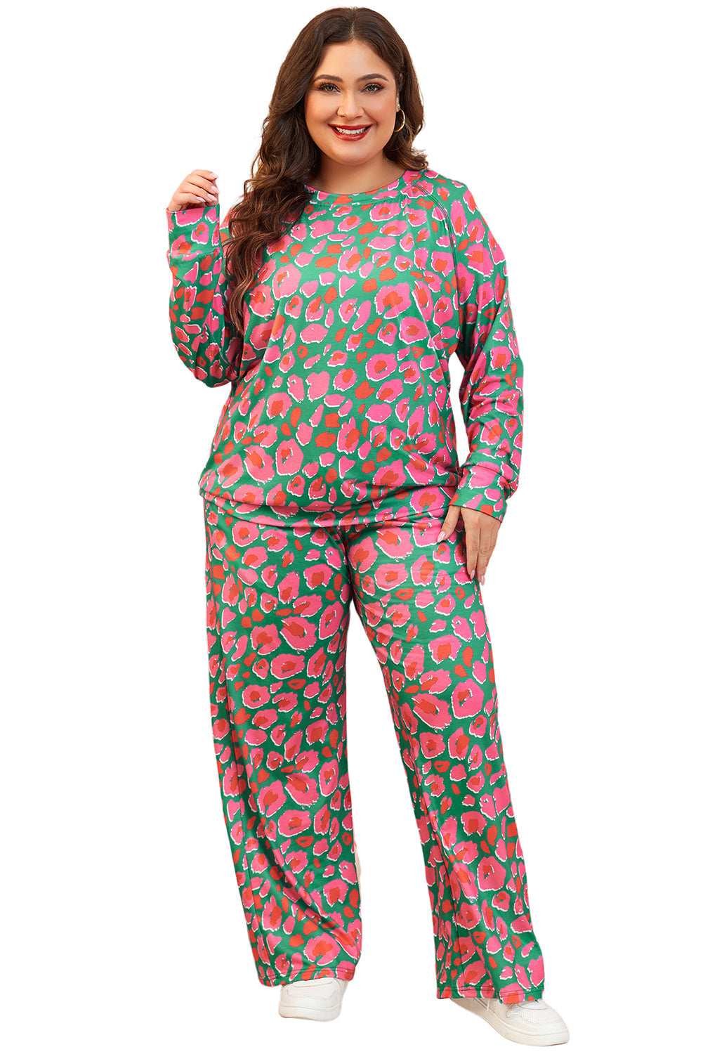 Green Plus Size Leopard Long Sleeve and Pants Loungewear Set - MAD RUFFI