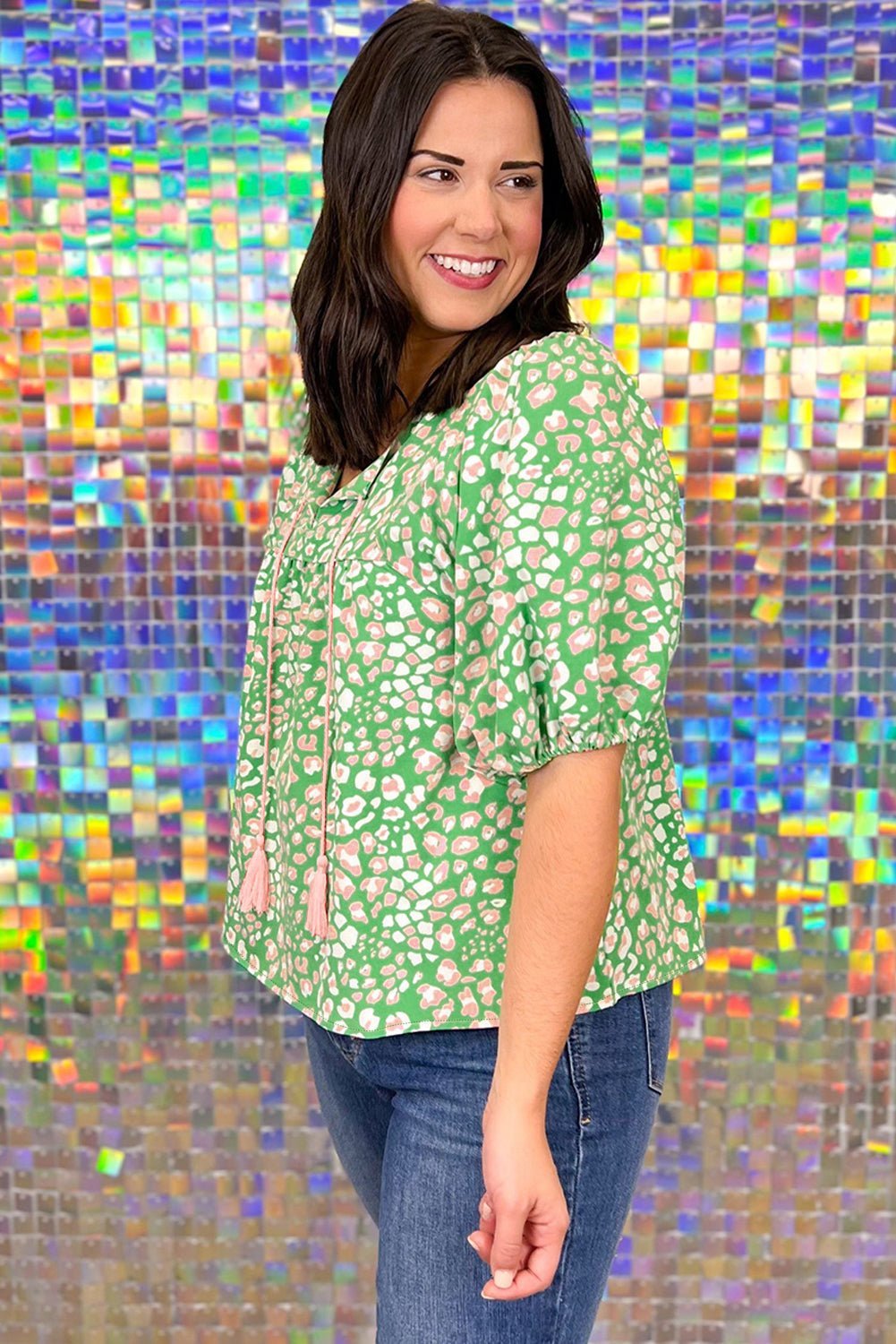 Green Plus Size Leopard Tassel Tie Split Neck Puff Sleeve Blouse - MAD RUFFI