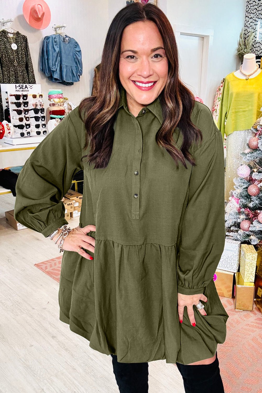 Green Plus Size Long Sleeve Ruffle Hem Mini Shirt Dress - MAD RUFFI