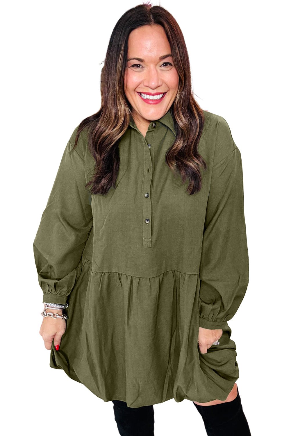 Green Plus Size Long Sleeve Ruffle Hem Mini Shirt Dress - MAD RUFFI
