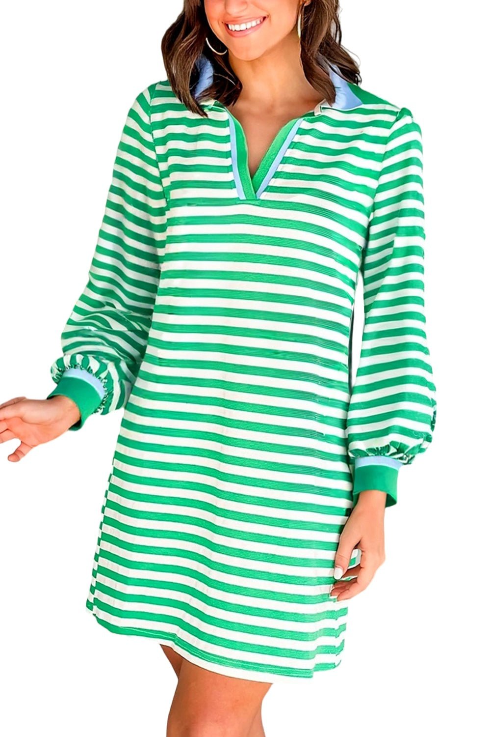 Green Pop of Color V Neck Striped Long Sleeve Mini Dress - MAD RUFFI