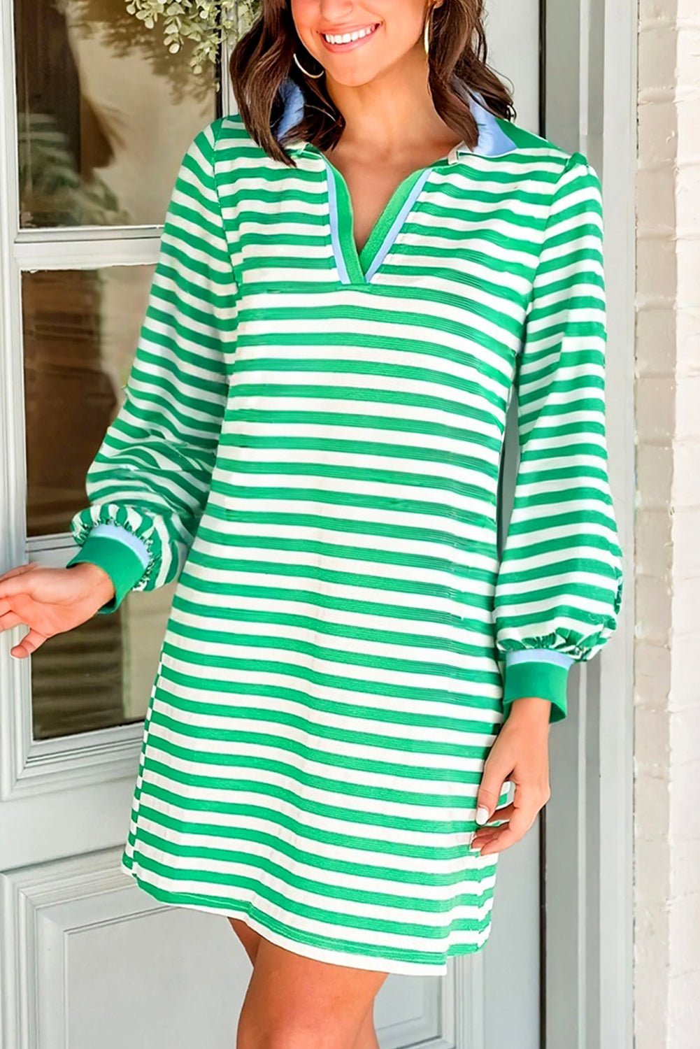 Green Pop of Color V Neck Striped Long Sleeve Mini Dress - MAD RUFFI