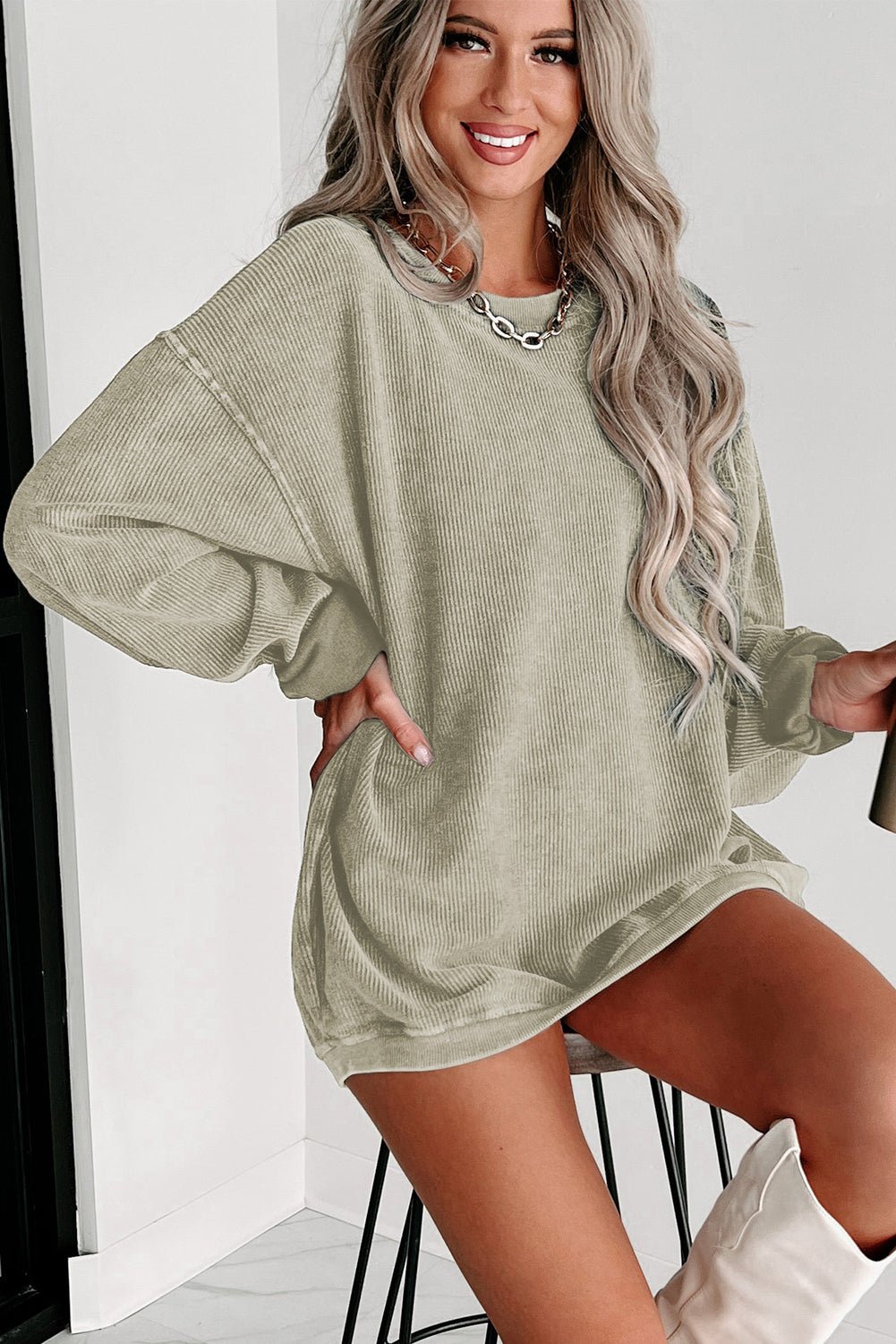 Green Ribbed Round Neck Drop Sleeve Pullover Sweatshirt - MAD RUFFI