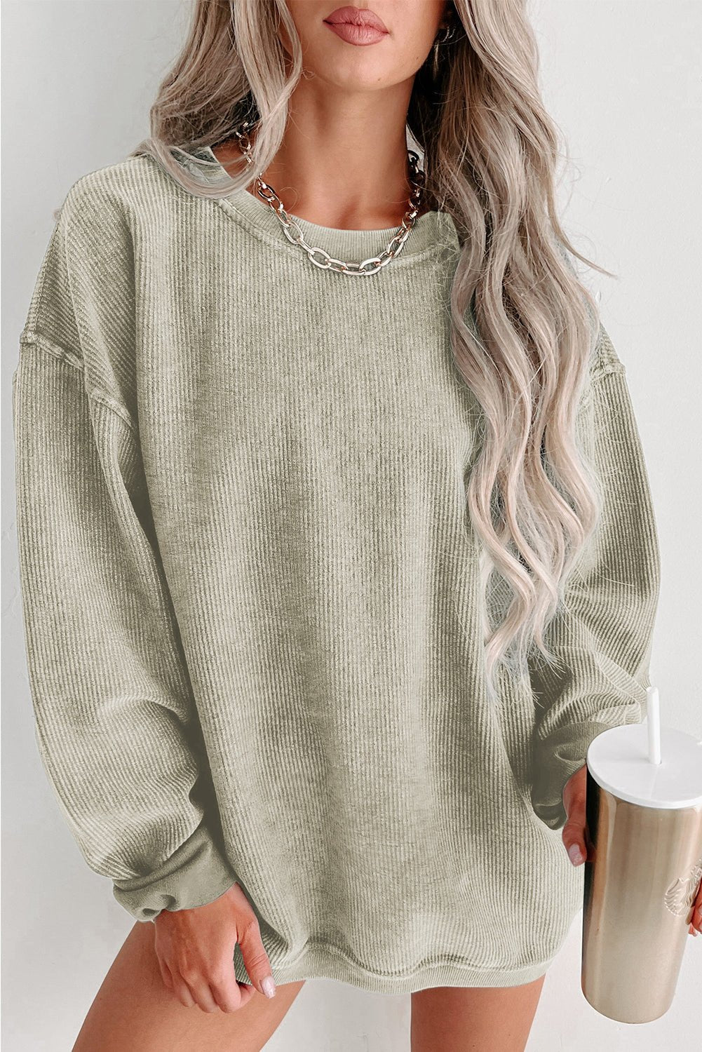Green Ribbed Round Neck Drop Sleeve Pullover Sweatshirt - MAD RUFFI