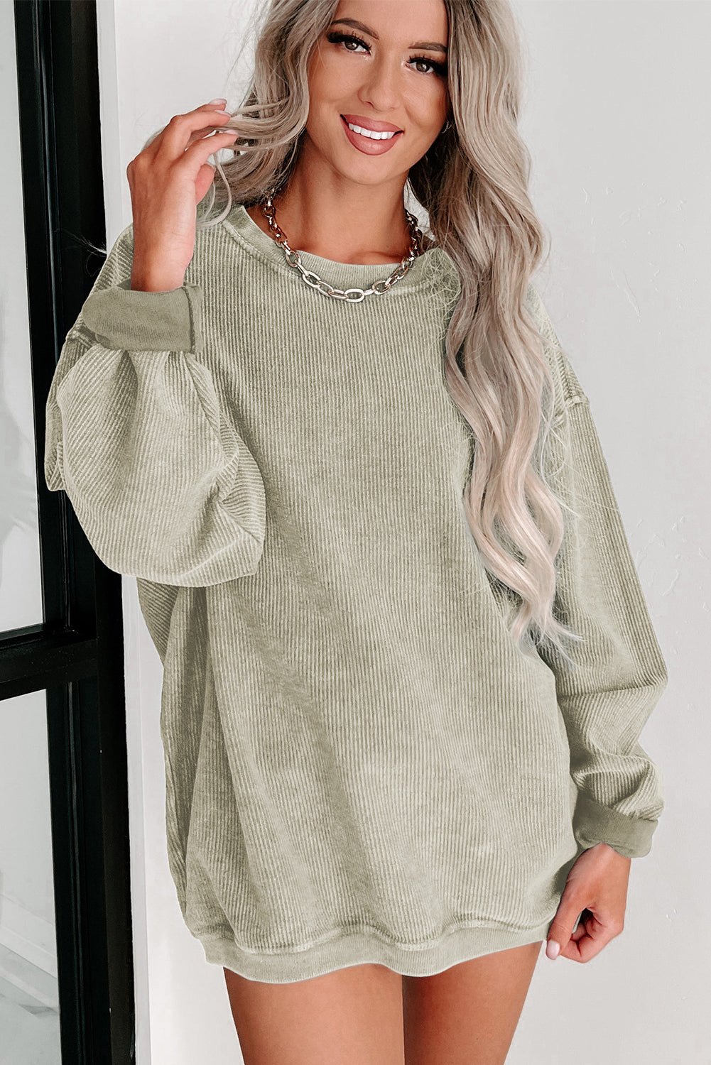 Green Ribbed Round Neck Drop Sleeve Pullover Sweatshirt - MAD RUFFI