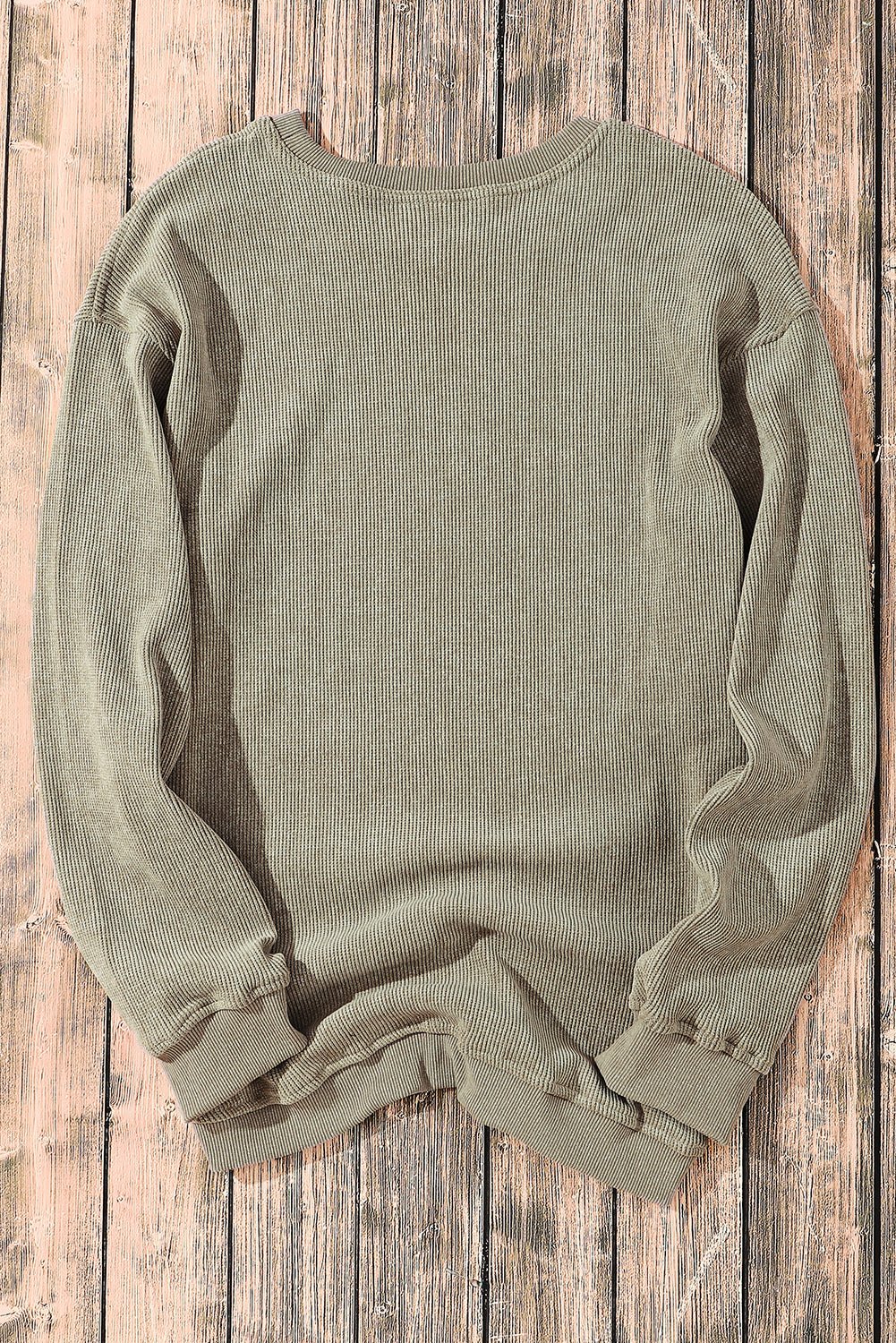 Green Ribbed Round Neck Drop Sleeve Pullover Sweatshirt - MAD RUFFI