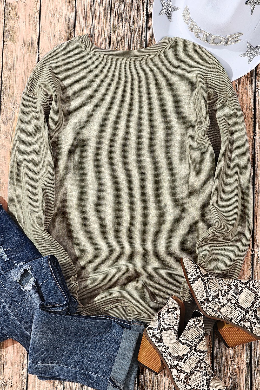 Green Ribbed Round Neck Drop Sleeve Pullover Sweatshirt - MAD RUFFI