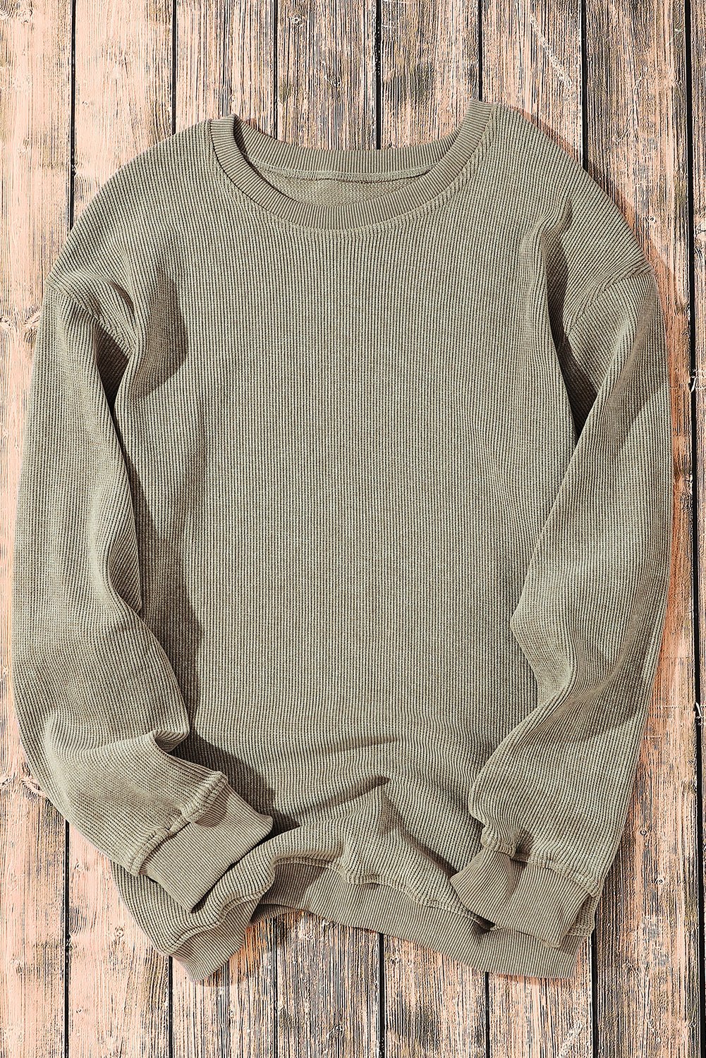 Green Ribbed Round Neck Drop Sleeve Pullover Sweatshirt - MAD RUFFI