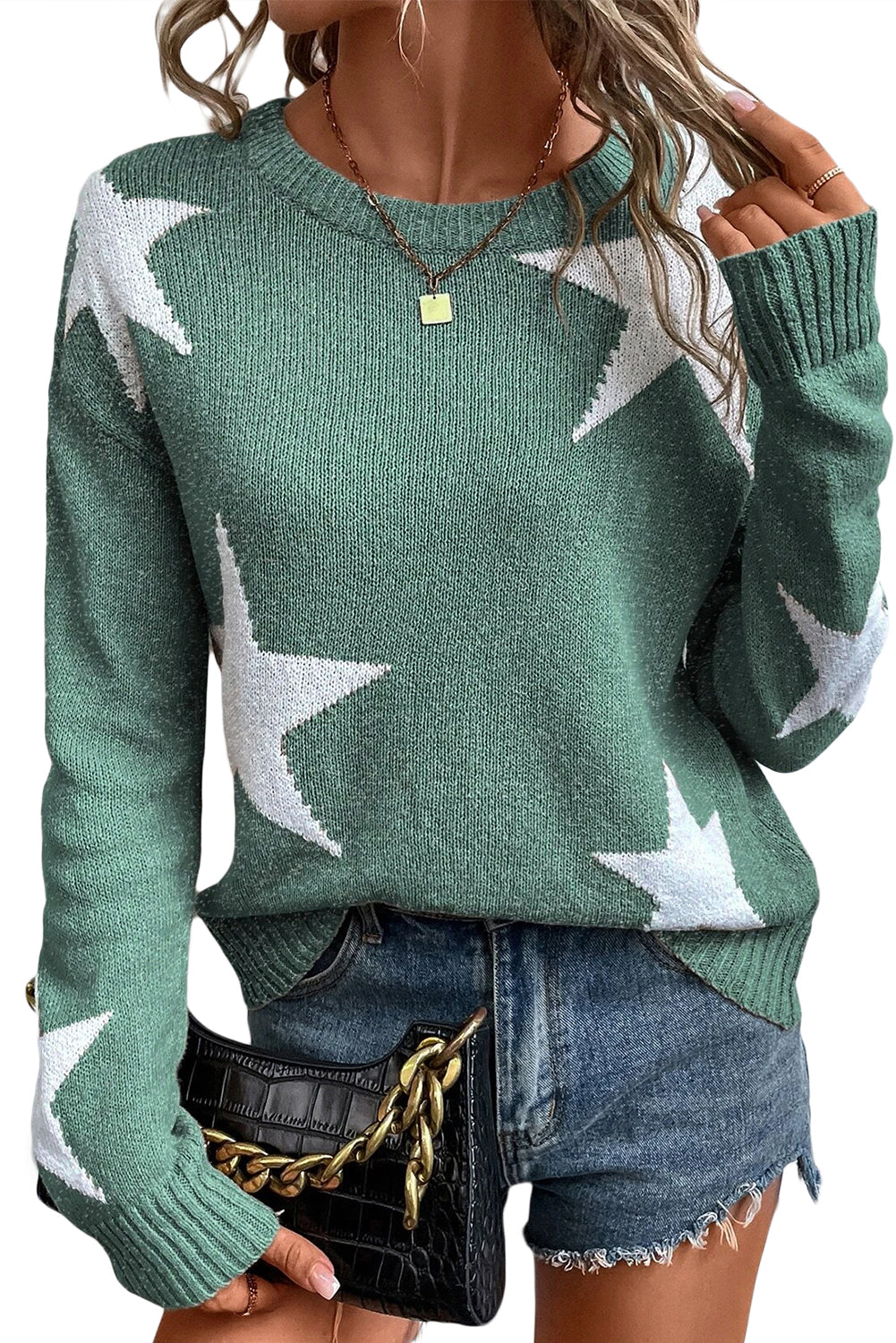 Green Star Pattern Drop Shoulder Knit Sweater - MAD RUFFI