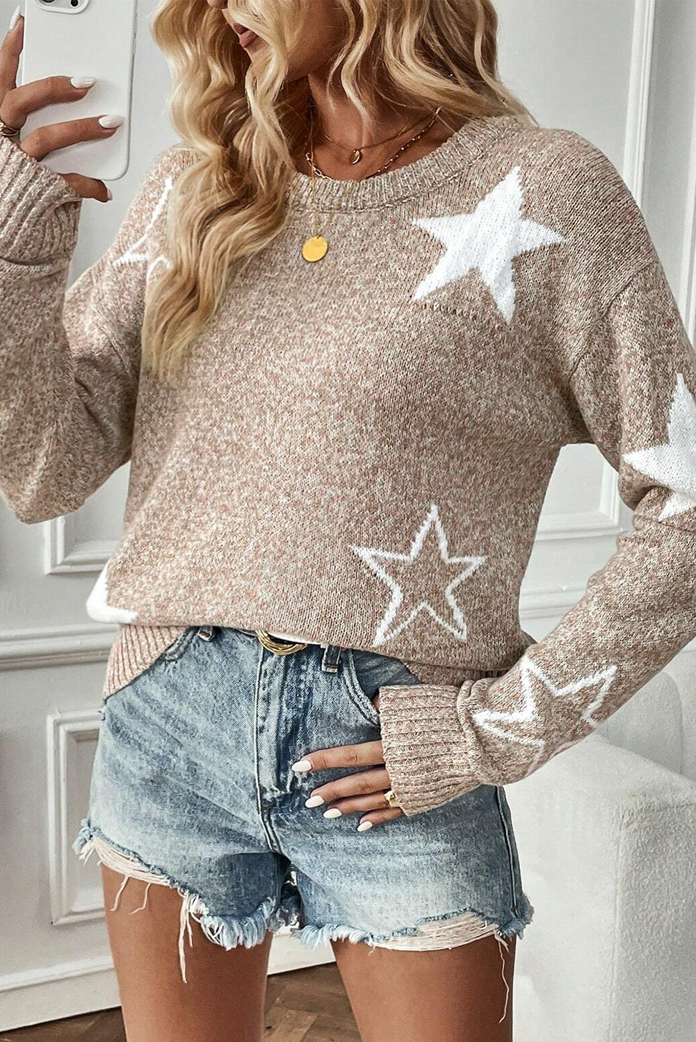 Green Star Pattern Drop Shoulder Knit Sweater - MAD RUFFI