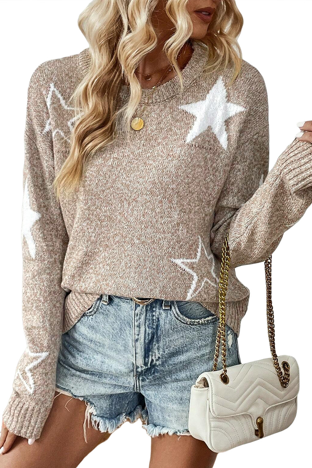 Green Star Pattern Drop Shoulder Knit Sweater - MAD RUFFI