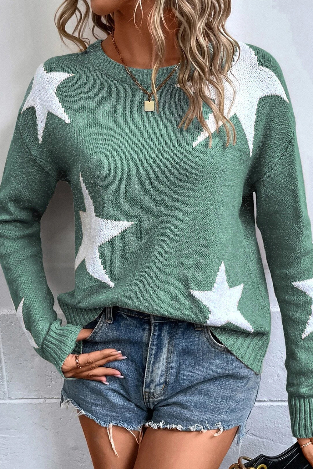 Green Star Pattern Drop Shoulder Knit Sweater - MAD RUFFI