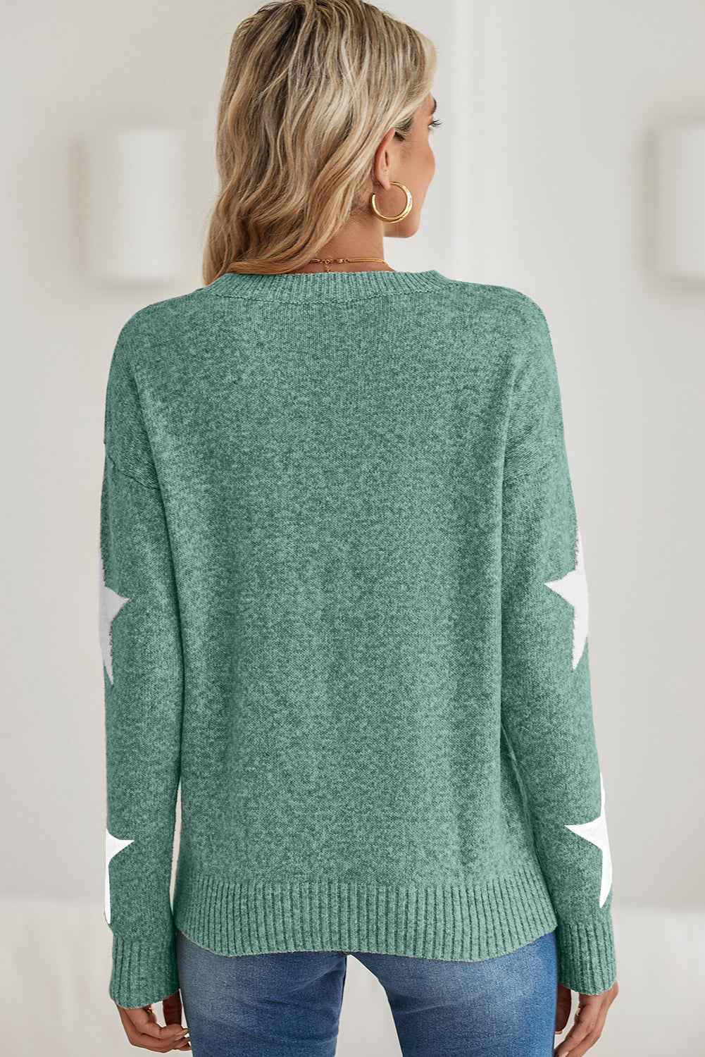 Green Star Pattern Drop Shoulder Knit Sweater - MAD RUFFI