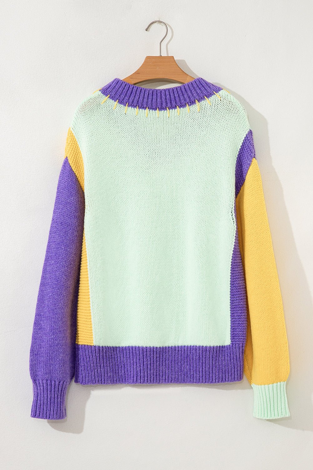 Green Stitched V Neck Colorblock Knitted Drop Shoulder Sweater - MAD RUFFI