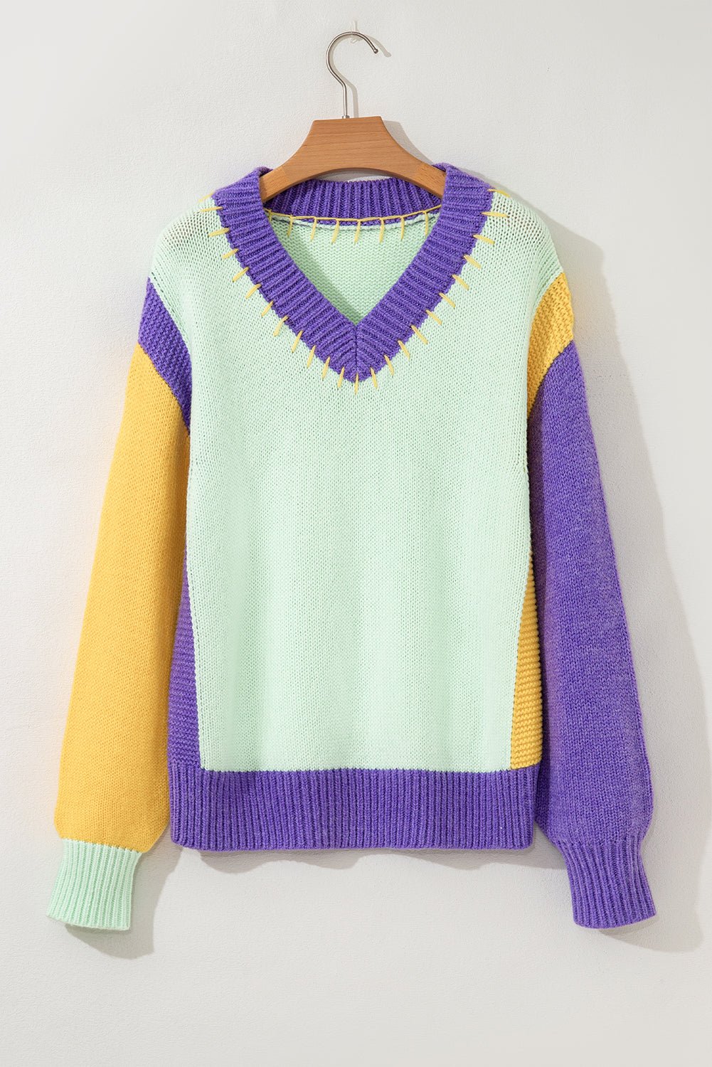 Green Stitched V Neck Colorblock Knitted Drop Shoulder Sweater - MAD RUFFI