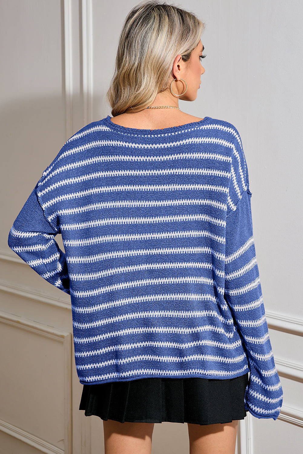 Green Stripe Casual Stripe Round Neck Drop Shoulder Sweater - MAD RUFFI