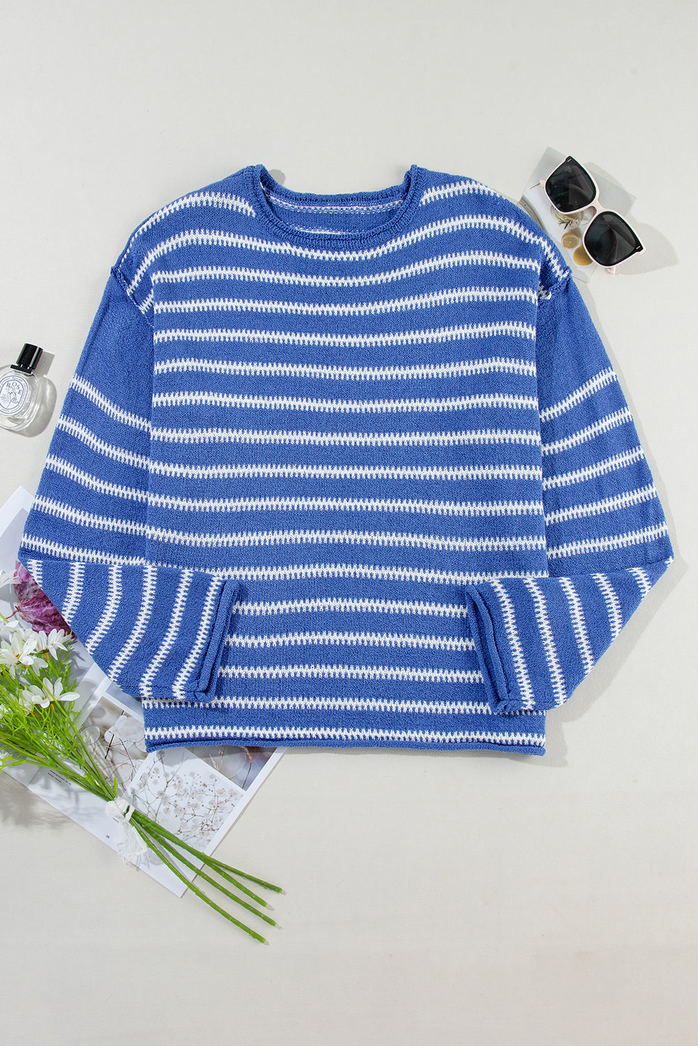 Green Stripe Casual Stripe Round Neck Drop Shoulder Sweater - MAD RUFFI