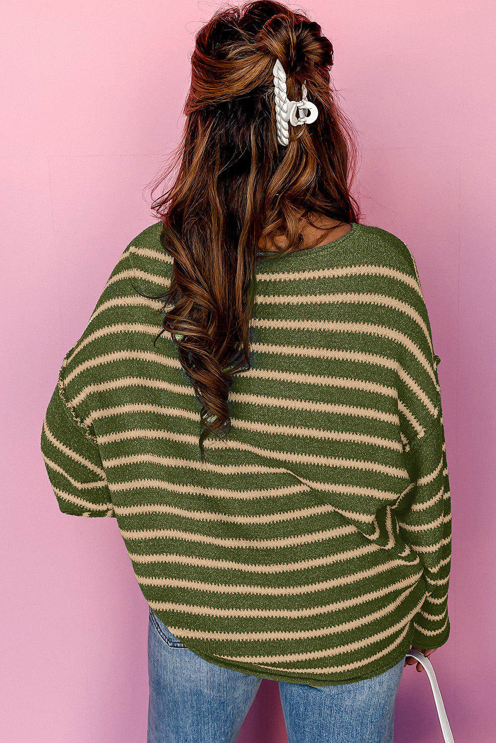 Green Stripe Casual Stripe Round Neck Drop Shoulder Sweater - MAD RUFFI