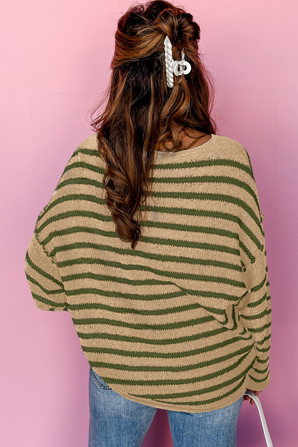 Green Stripe Casual Stripe Round Neck Drop Shoulder Sweater - MAD RUFFI