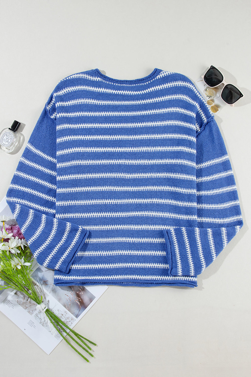 Green Stripe Casual Stripe Round Neck Drop Shoulder Sweater - MAD RUFFI