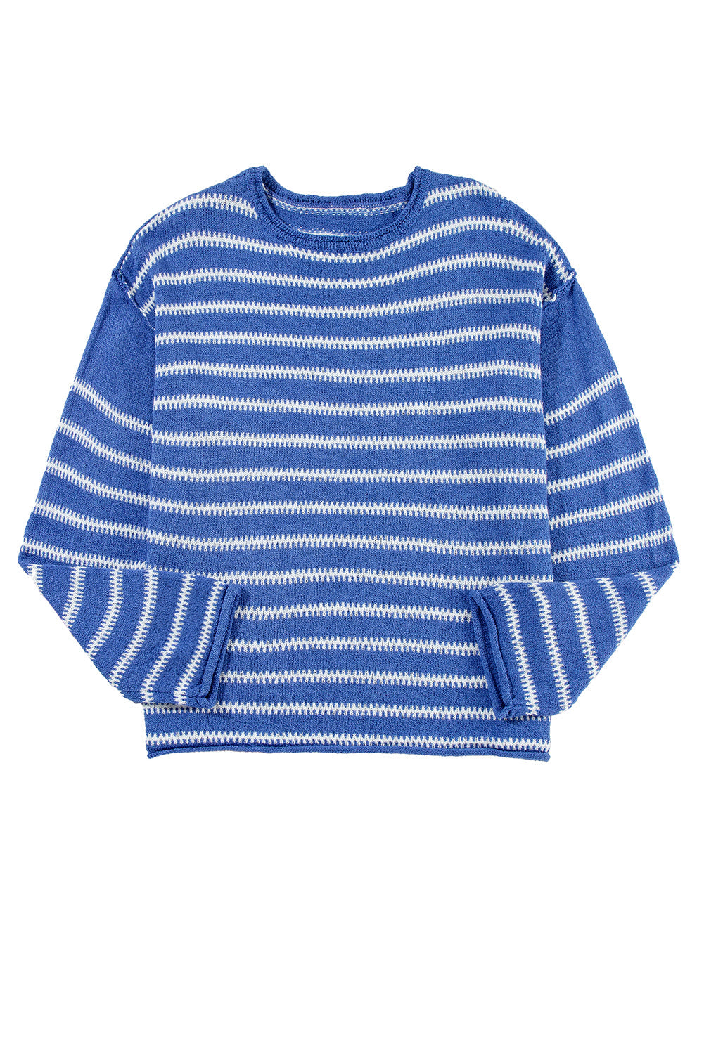 Green Stripe Casual Stripe Round Neck Drop Shoulder Sweater - MAD RUFFI