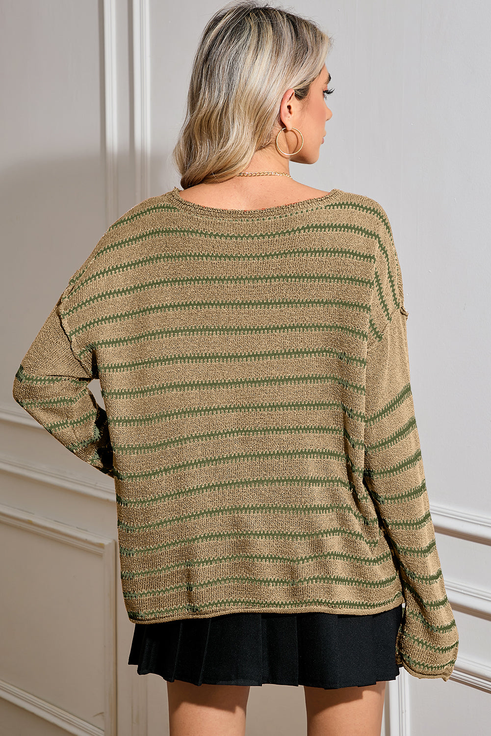 Green Stripe Casual Stripe Round Neck Drop Shoulder Sweater - MAD RUFFI