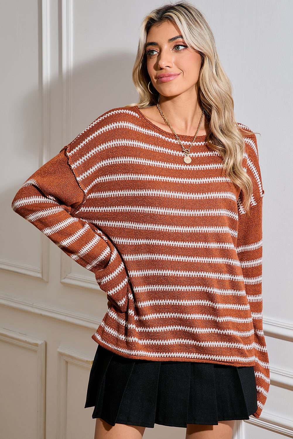 Green Stripe Casual Stripe Round Neck Drop Shoulder Sweater - MAD RUFFI