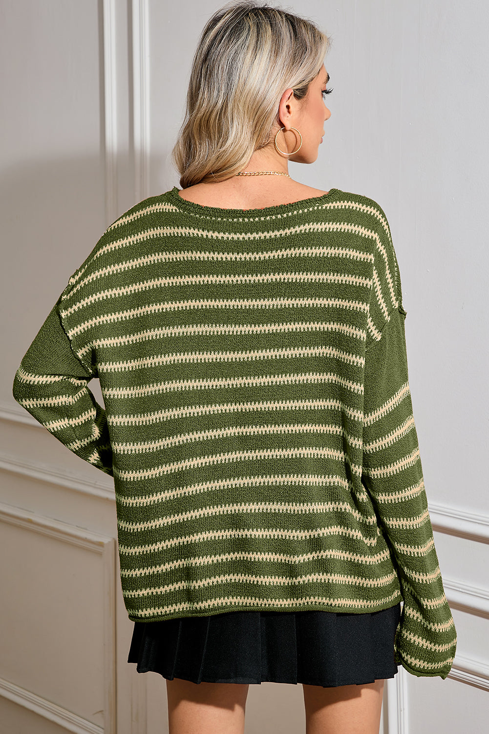 Green Stripe Casual Stripe Round Neck Drop Shoulder Sweater - MAD RUFFI