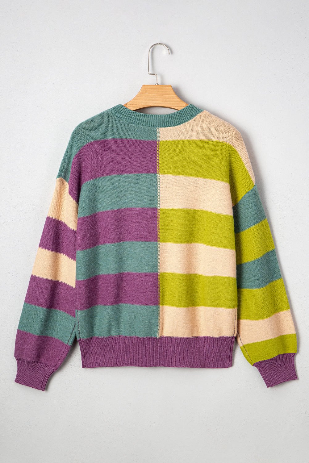Green Stripe Colorblock Drop Shoulder Ribbed Edge Sweater - MAD RUFFI