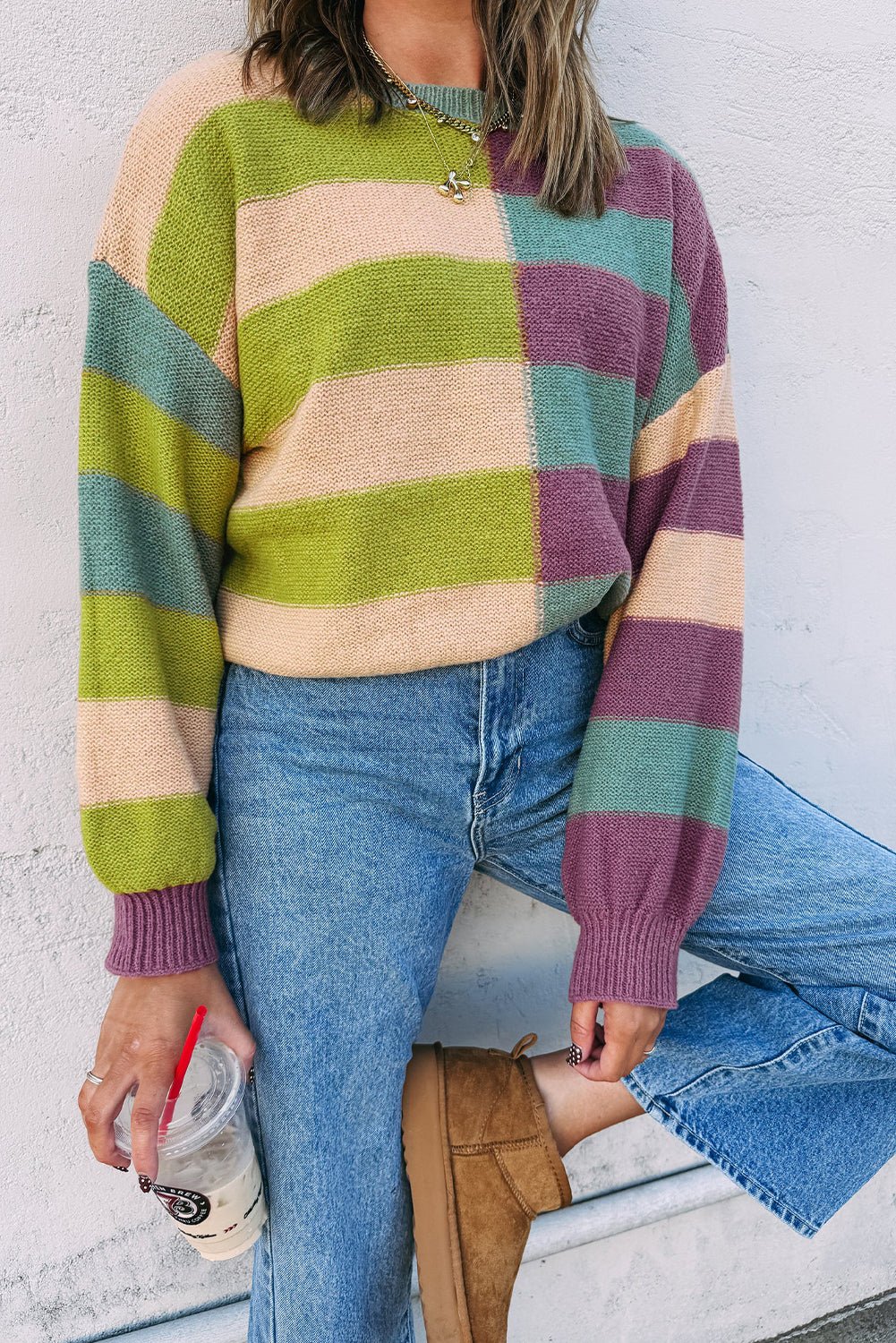 Green Stripe Colorblock Drop Shoulder Ribbed Edge Sweater - MAD RUFFI