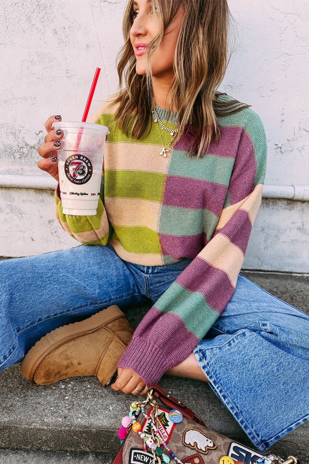 Green Stripe Colorblock Drop Shoulder Ribbed Edge Sweater - MAD RUFFI