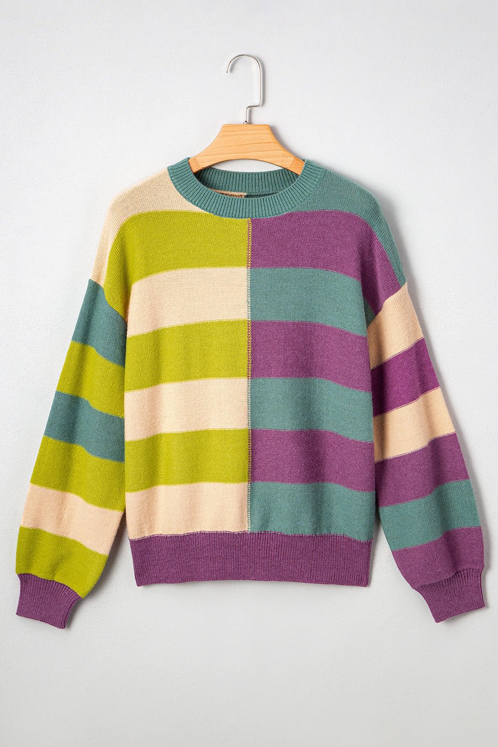 Green Stripe Colorblock Drop Shoulder Ribbed Edge Sweater - MAD RUFFI