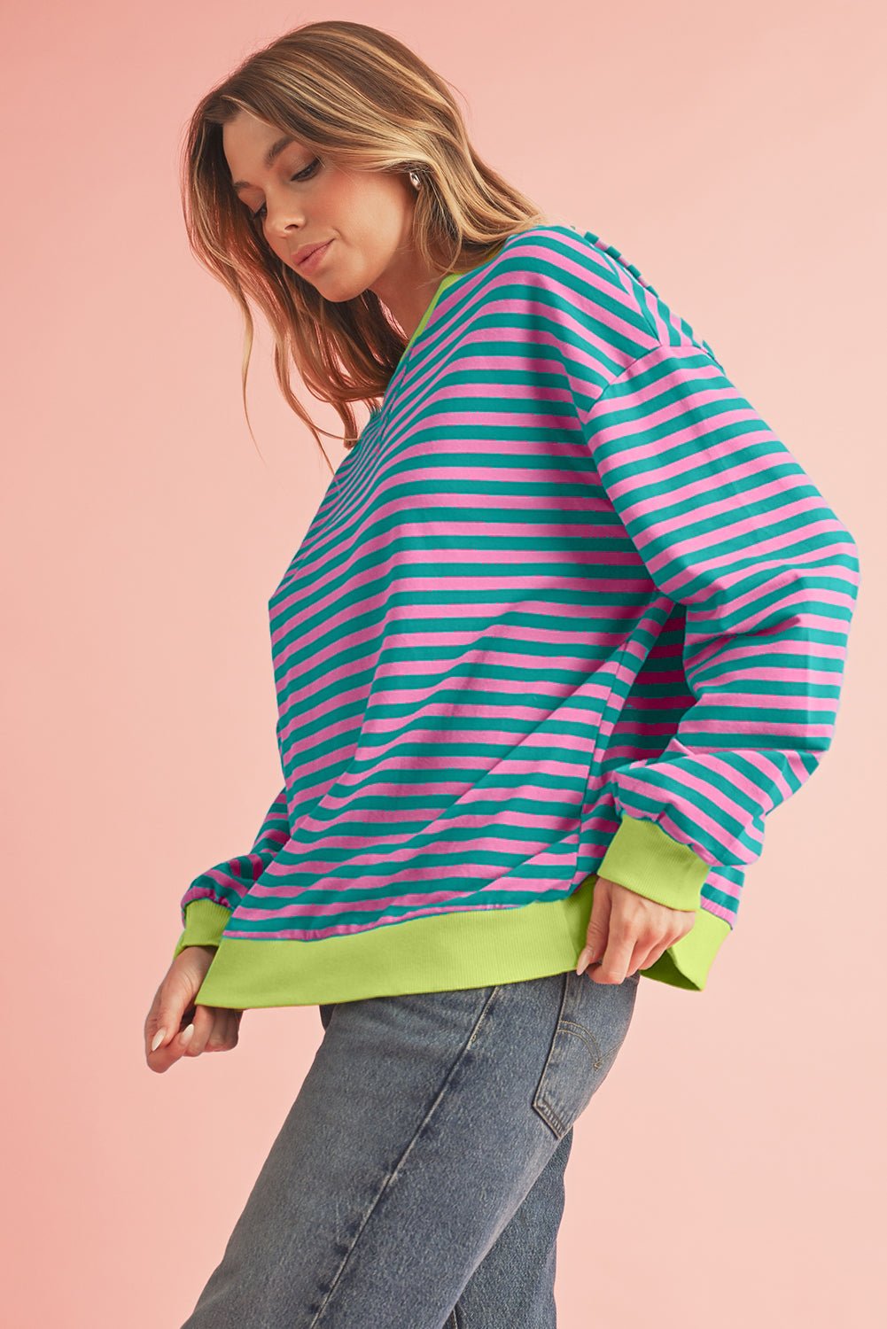 Green Stripe Contrast Edge Oversized Sweatshirt - MAD RUFFI